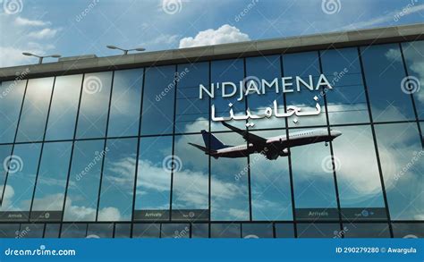 Airplane Landing At N Djamena Chad Airport Mirrored In Terminal Stock