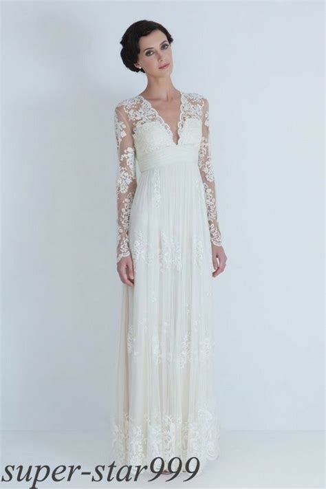 Sexy White Ivory Lace Long Sleeve V Neck Bridal Gown Wedding Dresses