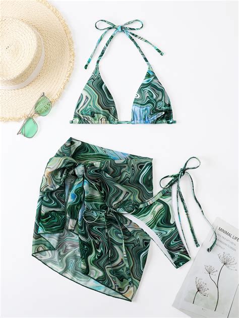 Shein Swim Vcay Marble Print Halter Triangle Bikini Swimsuit With Beach