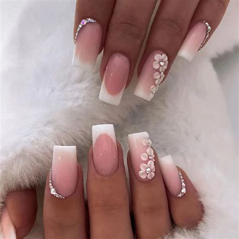 Pcs Pink French Tip Press On Nails With White Flower Design Medium