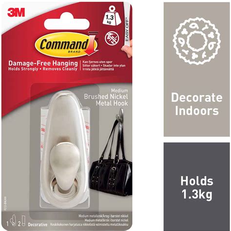 Command Medium Self Adhesive Brushed Nickel Hook Wilko