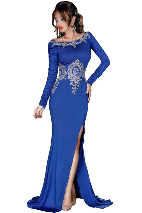 Gold Lace Applique Royal Blue Long Sleeve Prom Dress Blue Long Sleeve