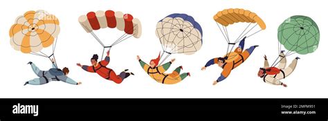 Cartoon Skydivers Characters Cute Guys And Girls With Open Parachutes