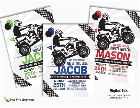 Atv Birthday Invitation 4 Wheeler Birthday Invitation Racing Etsy