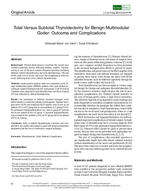 (PDF) Total Versus Subtotal Thyroidectomy for Benign Multinodular ...