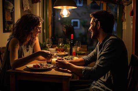 Premium Photo A Man And A Woman Enjoying A Candlelit Dinner At A Small Table With Warm Ambient