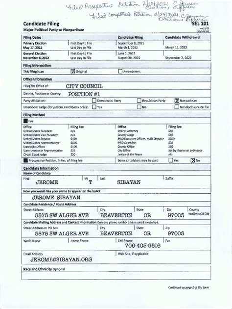 Fillable Online Fillable Online SEL 101 Candidate Filing Form For Major