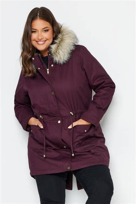 Yours Curve Plus Size Burgundy Red Faux Fur Parka Coat Yours Clothing