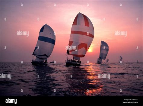 Sailing Yachts. Yacht race at sunset. Spinnaker sails Stock Photo - Alamy