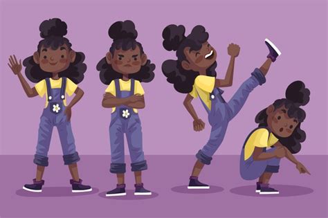 Cartoon African Black Girl In Different Poses Set Free Vector