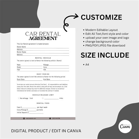 Car Rental Agreement Template Car Rental Contract Rental Car Canva Agreement Car Rental Form