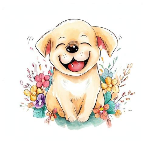 Um Desenho A Aquarela De Um Cachorrinho Feliz Em Um Estilo Florido