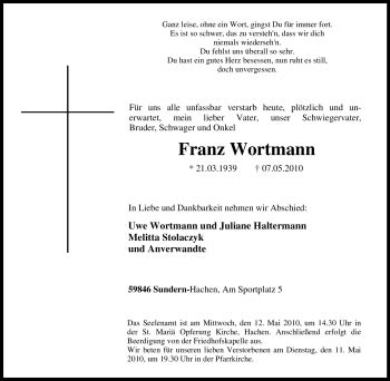 Traueranzeigen Von Franz Wortmann Trauer In Nrw De