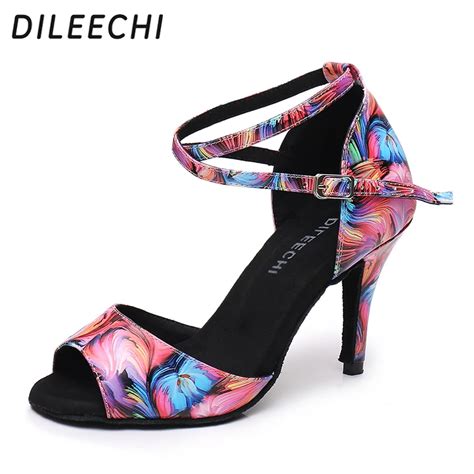 DILEECHI Latin Dance Shoes Women New Modern Floral PU Salsa Party Shoes