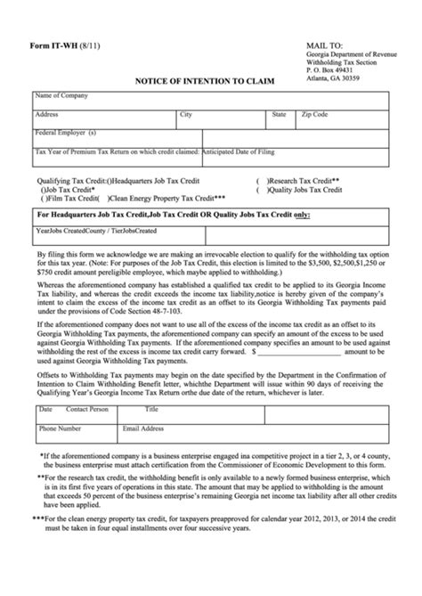 Fillable Form It Wh Notice Of Intention To Claim 2011 Printable Pdf