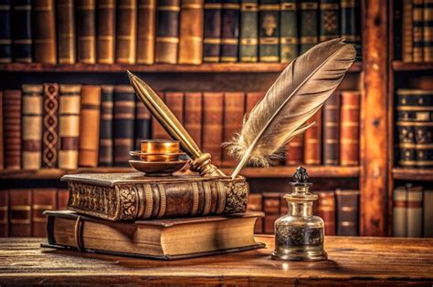 Premium Photo Old Books Quill Pen And Vintage Inkwell On Wooden Desk