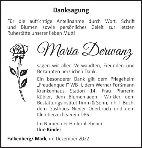 Traueranzeigen von Maria Derwanz Märkische Onlinezeitung Trauerportal