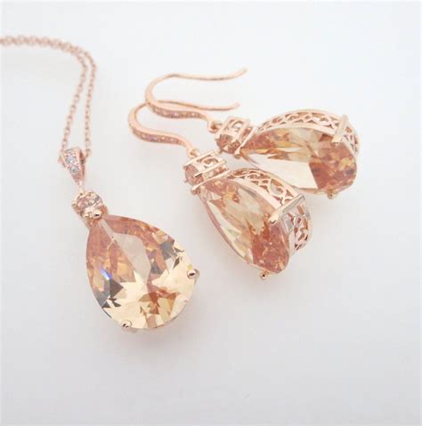 Rose Gold Bridal Jewelry Set Rose Gold Necklace Crystal