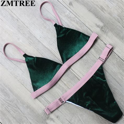 ZMTREE Women Swimsuit Metal Ring Bikini Set Velvet Swimwear Bikini Sexy