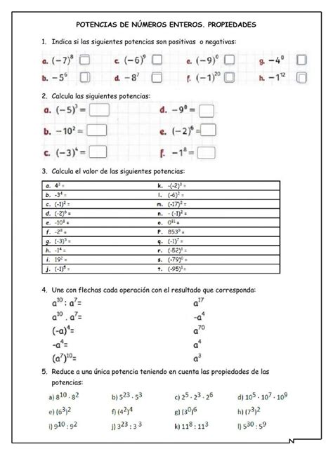 Potencias de nº enteros Propiedades worksheet Cuadernos interactivos