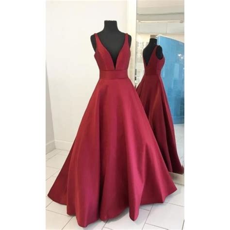 A Line Deep V Neck Long Plain Burgundy Satin Prom Evening Dress