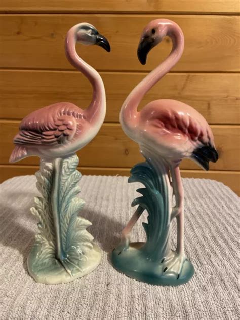 Vintage Mid Century Art Deco Style Pink Flamingo Ceramic Figurines