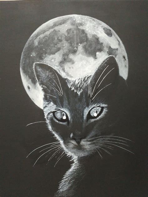 Cuadro Del Gato Con La Luna Dibujado Con Acrilicos Arte En Lienzo