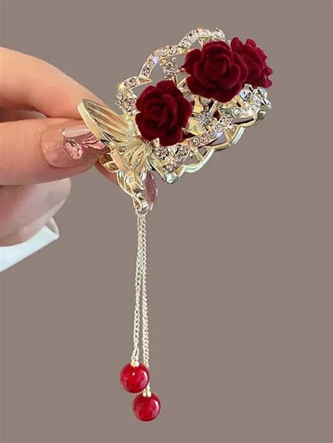 Elegant Ornate Barrette With Rhinestone Flower Decor Hair Claw