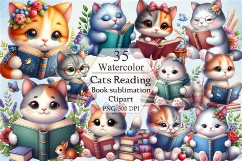 Cats Reading Book Clipart Bundle Graphic by ArtStory · Creative Fabrica