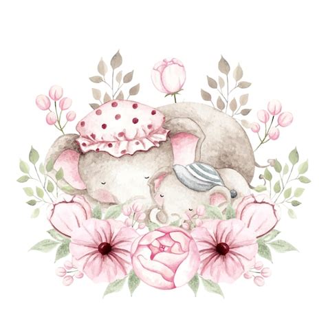 Premium Vector | Watercolor mom and baby elephant with flowers wreath