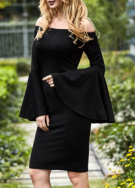 Black Women Off Shoulder Slash Neck Speaker Sleeves Long Sexy Bodycon