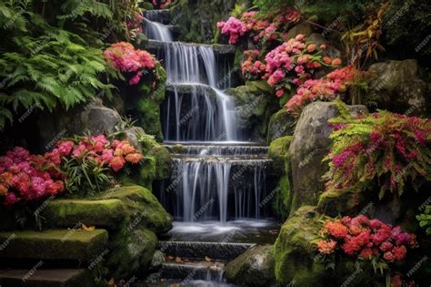 Premium AI Image | A waterfall in a garden with flowers