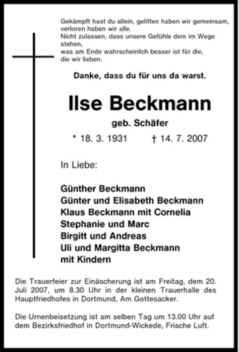 Traueranzeigen Von Ilse Beckmann Trauer In Nrw De