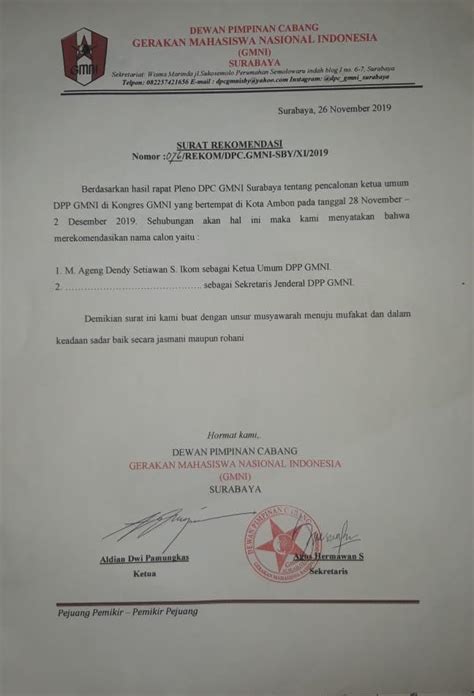 Dpc Gmni Surabaya Keluarkan Surat Rekomendasi Untuk Bung Dendy Jatim