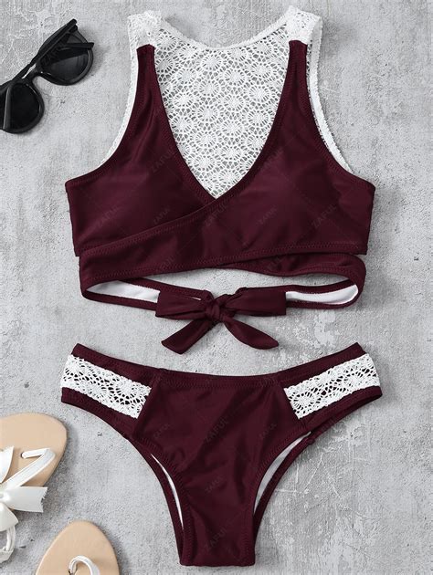 20 OFF 2021 Lace Panel Wrap Bikini Set In WINE RED ZAFUL