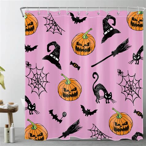 Hvest Pink Halloween Shower Curtain For Bathroom Pumpkin And Black Cat