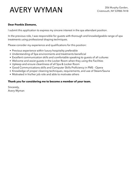 Spa Attendant Cover Letter | Velvet Jobs