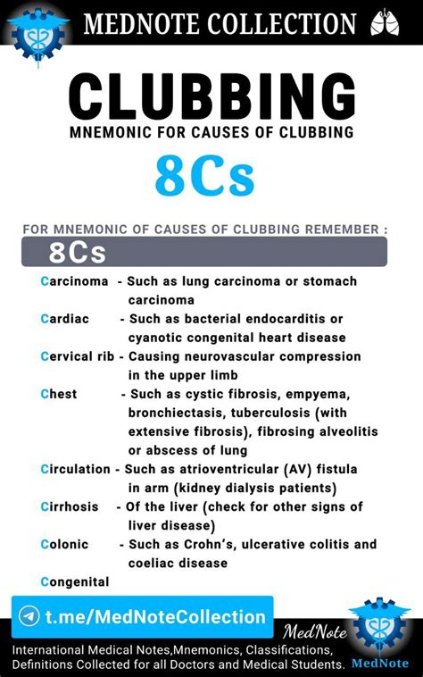 CLUBBING causes | Medical mnemonics, Medical school essentials, Nursing ...