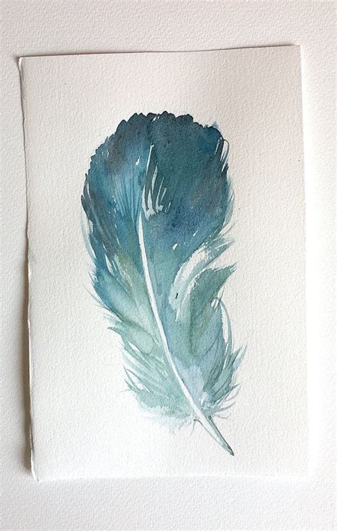 Teal Blue Feather Illustration Watercolour Painting Original 75x 11