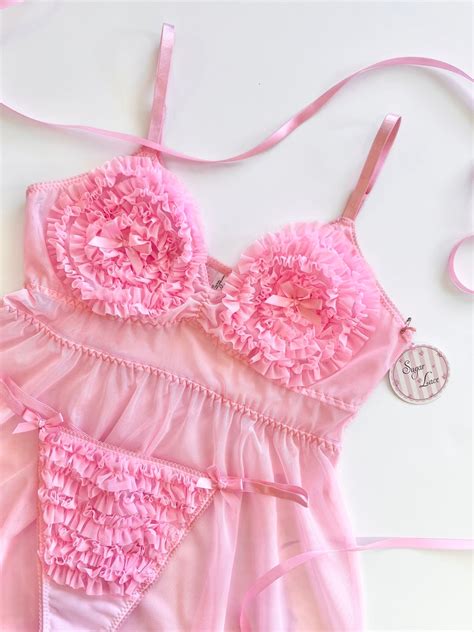 Babydoll Lingerie Set Ruffle Cups Vintage Style Nightie Custom Color Lingerie Pink Babydoll
