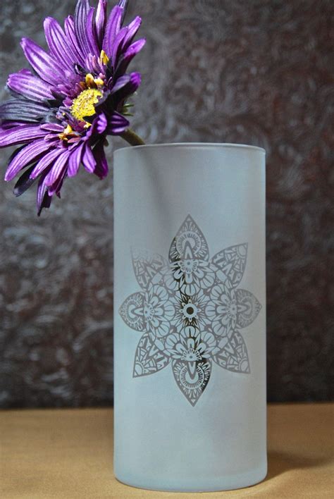 Glass Etched Ornate Flower Vase Fully Etched Sandblasted Sand Carved Glass Art Glass Etching