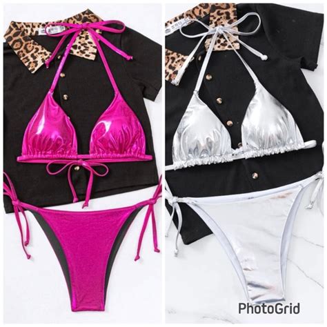 Shein Swim New Shein Metallic Bikini Set Triangle Bra Thong Bottom