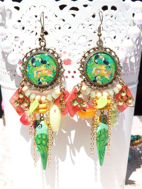 Colorful Tropical Bird Resin Chandelier Earrings