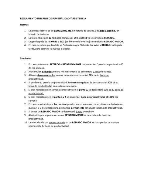 Reglamento Interno DE Puntualidad Y Asistencia REGLAMENTO INTERNO DE