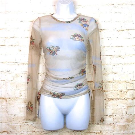 Hot Topic Tops Hot Topic Cherub Clouds Print Mesh Top Womens S Ivory Long Sleeve Ruching 9s