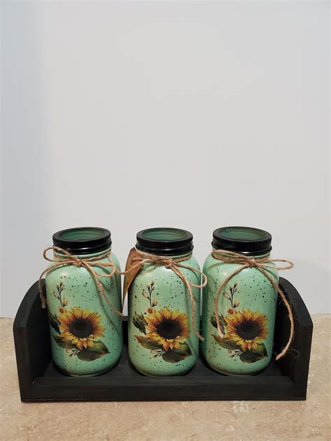 Mason Jar Kitchen Utensil Holdersmason Jar Decordecoupaged Jarssunflower Decorsunflower