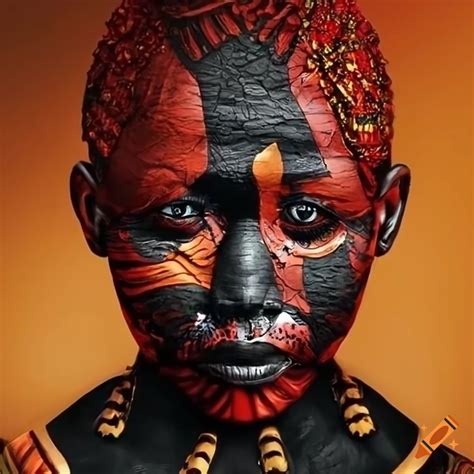 Surreal Abstract Artwork Of A Red Gold And Black Cyborg African Tribe