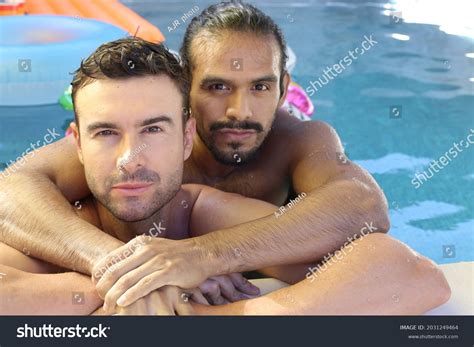 Gorgeous Interracial Gay Couple Swimming Pool Stock Photo 2031249464