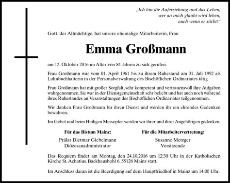 Traueranzeigen von Emma Großmann vrm trauer de