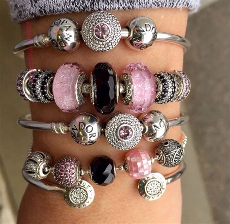 Lovely Pink Black And Silver Pandora Arm Party Pandora Jewlery Pandora Beads Pandora